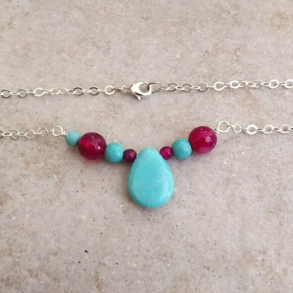 Aqua Howlite Cranberry Magenta Agate! Minimalist Bar Necklace - Perfect 4 Spring - Picture 3 of 5
